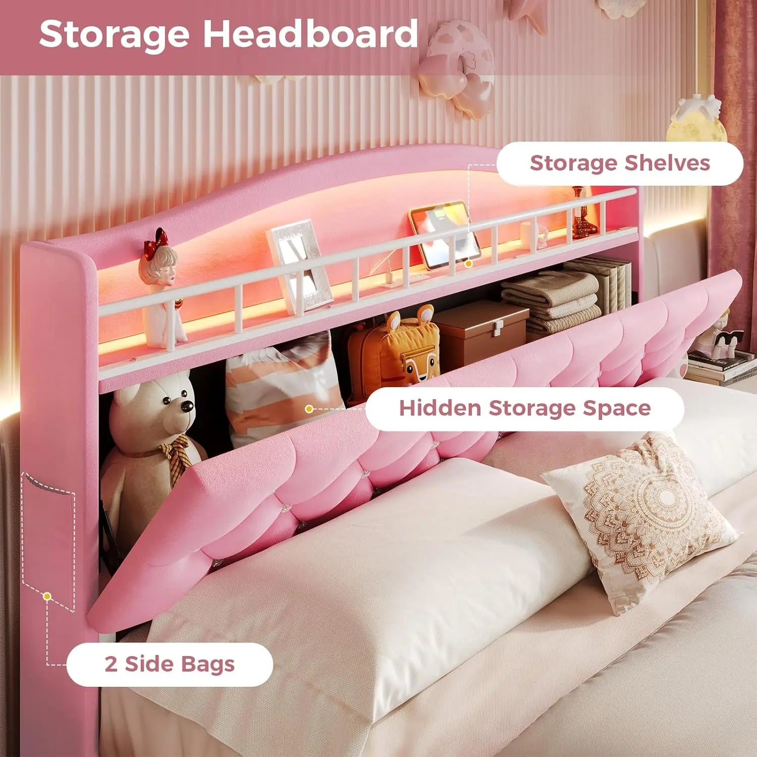 Queen Szie Girls Bed with LED Lights & Charging Station, Princess Queen Size Bed Frame with Hidden Storage Headborad