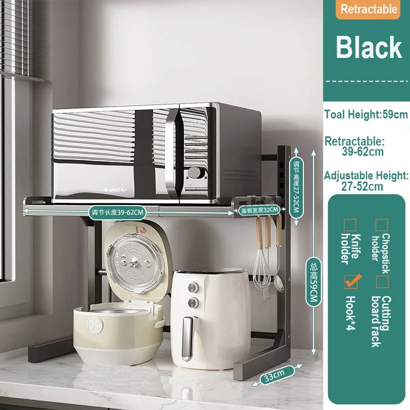 Kitchen Retractable Microwave Oven Storage Rack Household Countertop Cooker Oragnizer Cabinets Adjustable Seasoning Rack Shelf