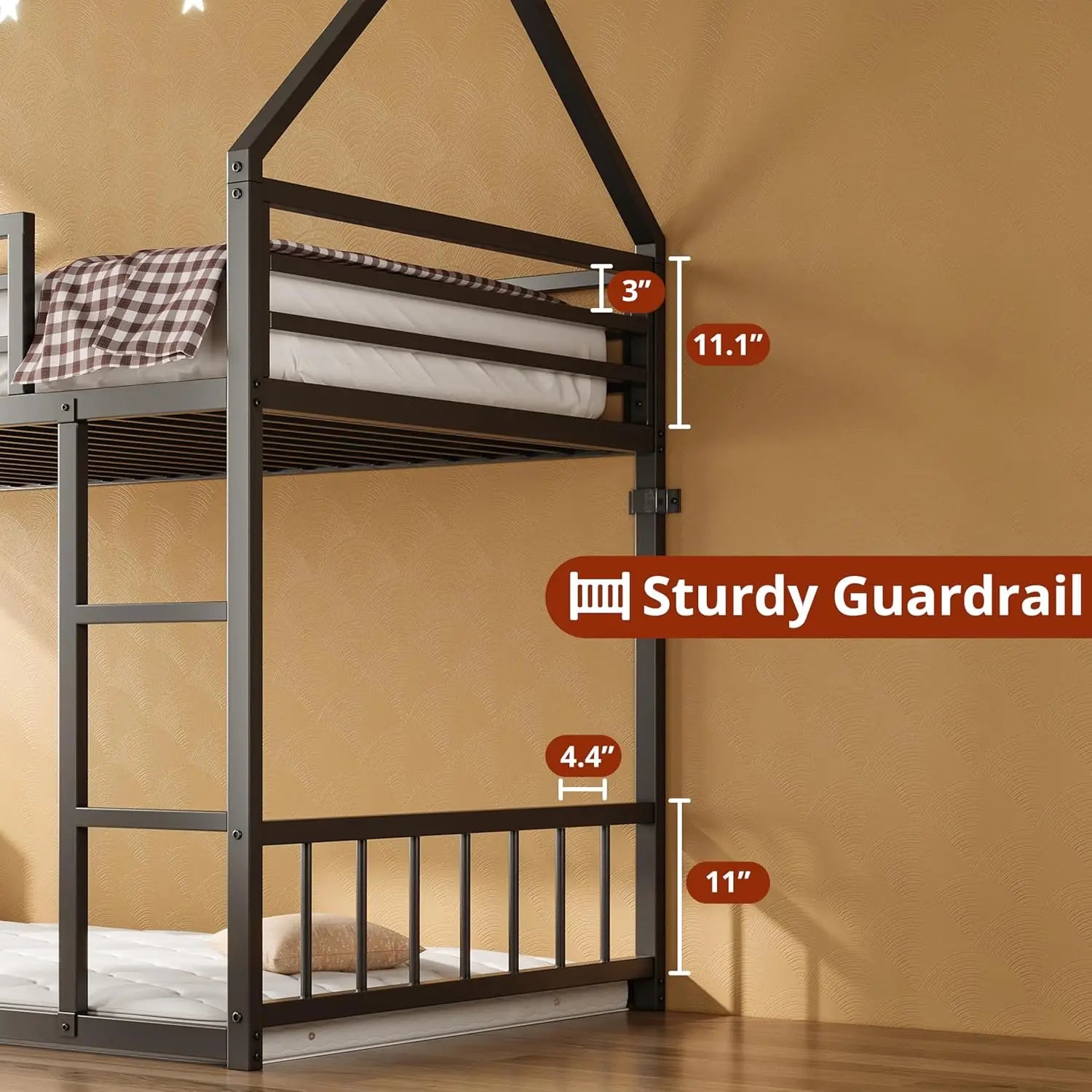 LIKIMIO Bunk Bed Twin XL / Twin, Metal Bunk Bed Frame with Ladder and Guardrail, House Shaped with Metal Slats for Dormitory