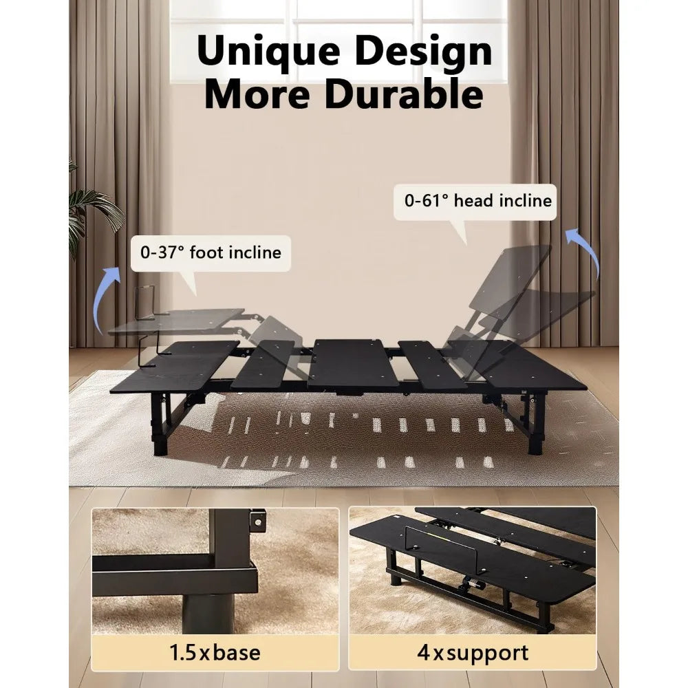 King Size Adjustable Bed Base Frame - Quiet Motor, Head & Foot Incline, Zero Gravity, Wireless Remote, Universal Compatibility (