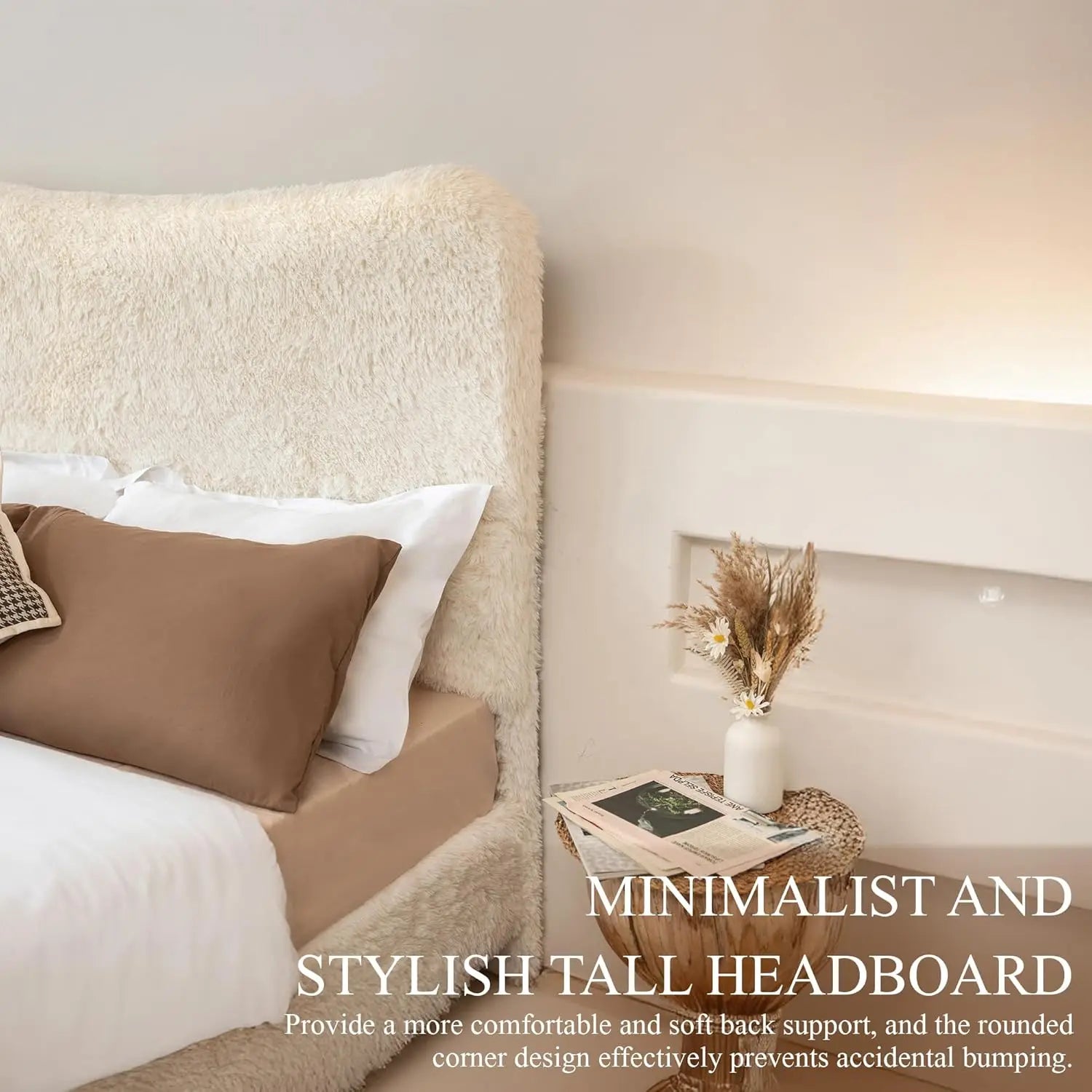 Queen Bed Frame With Headboard, Boho Fluffy Boucle Cloud Upholstered Platform Bed With Soft Rounded Corners And Wooden Slats, No