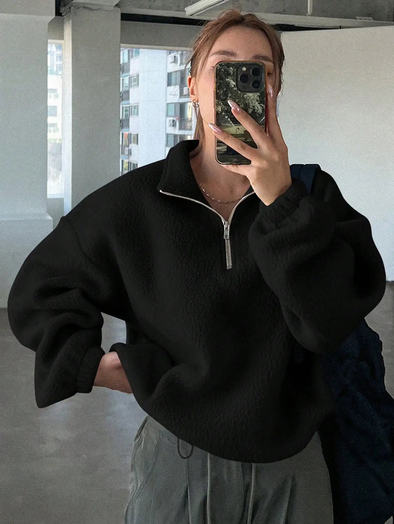 Oversized Half Zip Teddy Sweatshirt for Women, Drop Shoulder Long Sleeve Funnel Neck Casual Top, Apricot