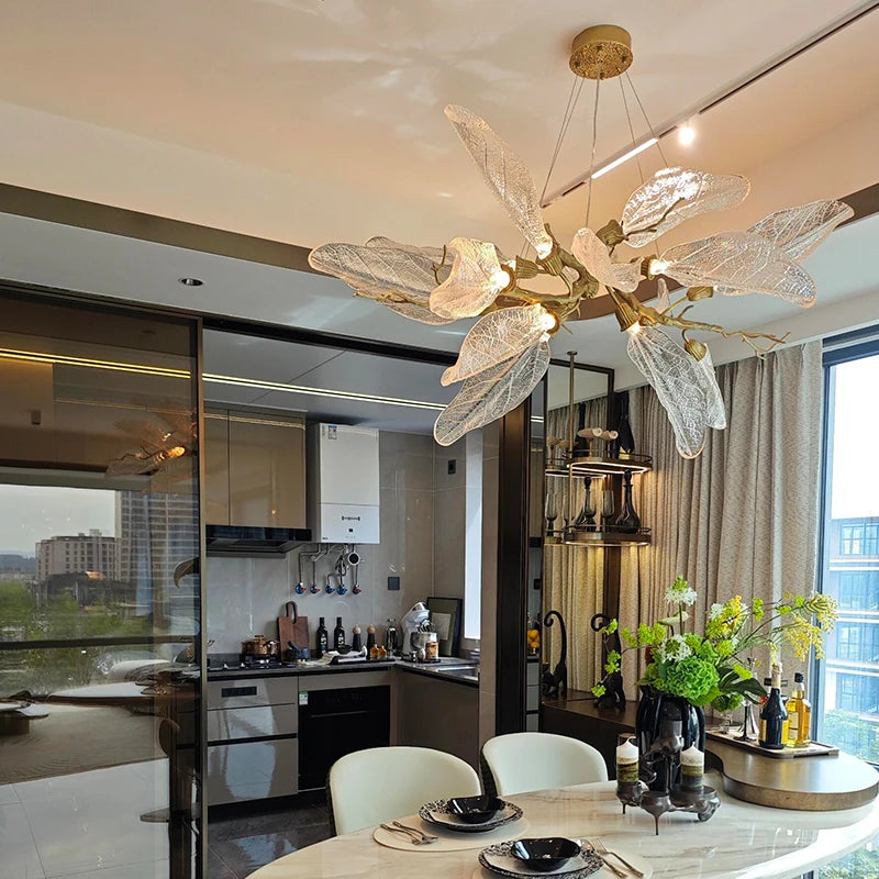 Luxury Villa Copper Branch Chandelier Dining Room Living Room Lobby Designer Art Resin Leaf Pendant Lamp Chandelier High Ceiling