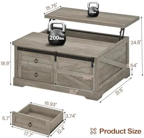 39.4' Lift Top Coffee Table with Storage, Farmhouse Style, Gray