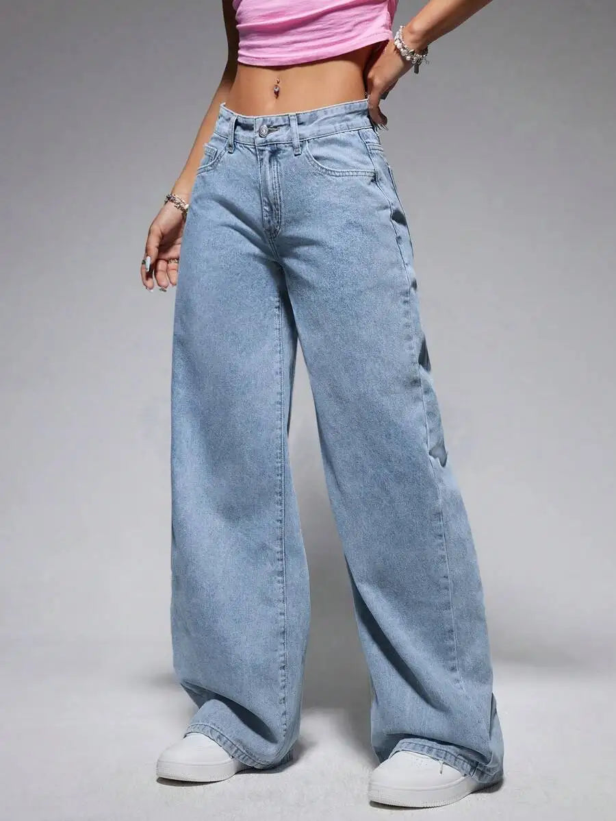 Solid Color Pocket Casual Versatile Wide-Leg Jeans