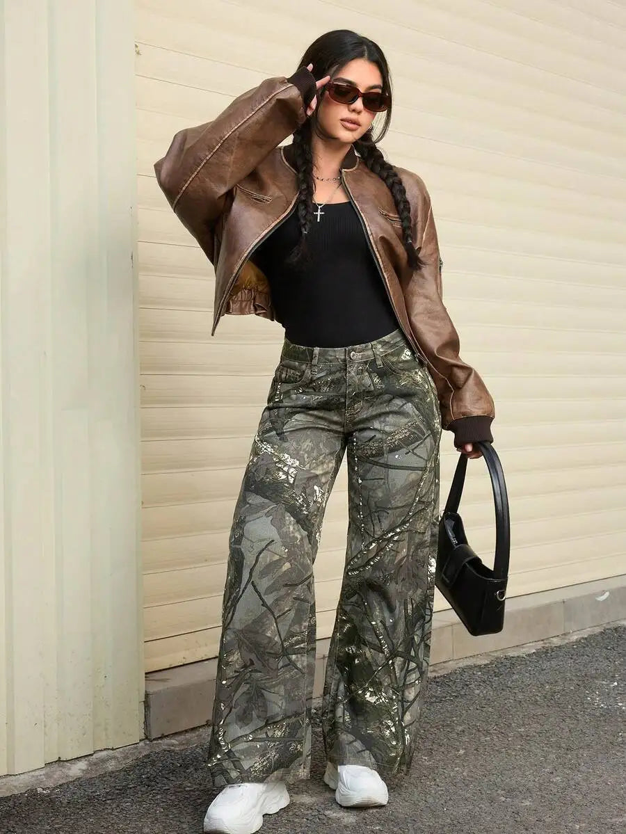 Solid Color Pocket Casual Versatile Wide-Leg Jeans