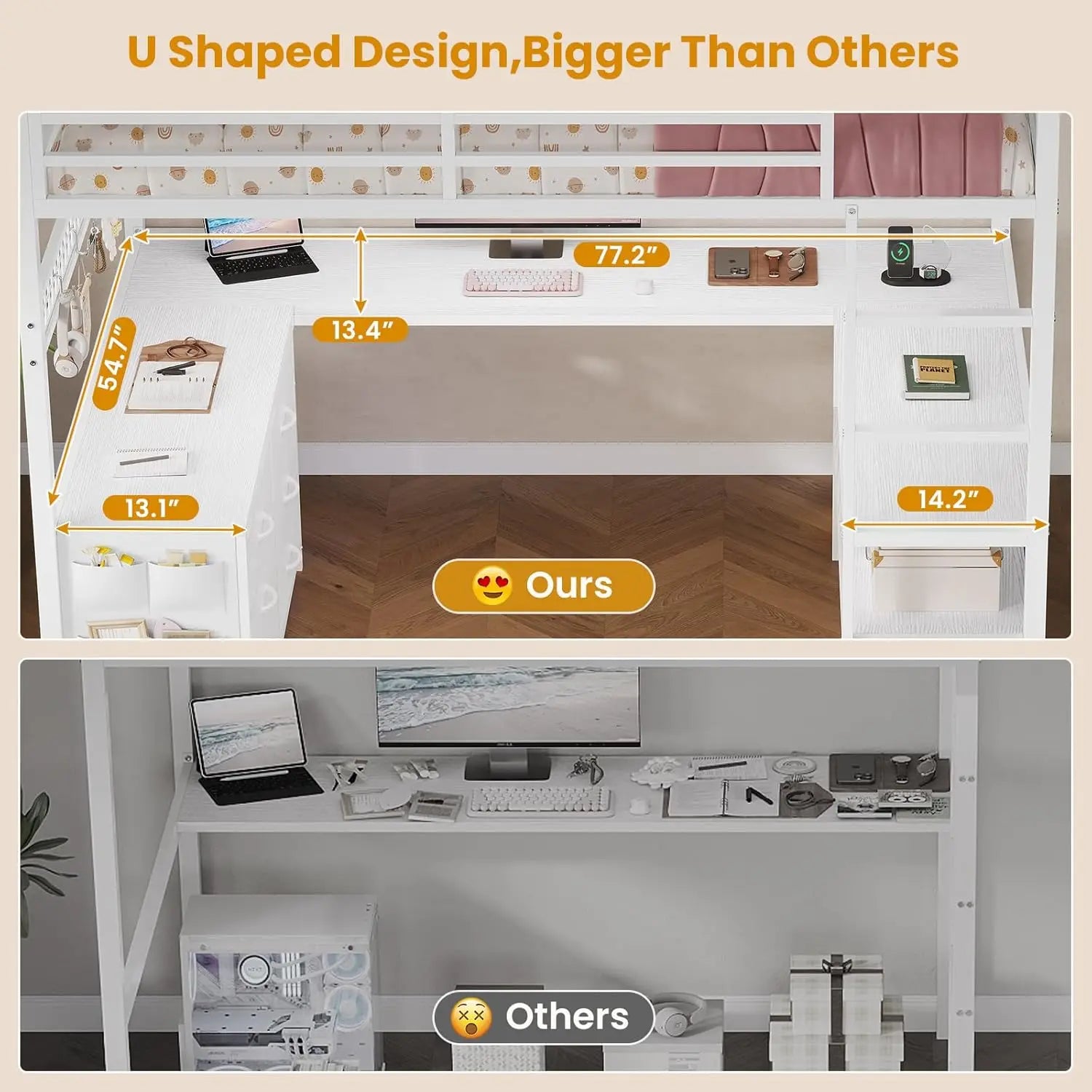 Loft Bed Full Size with U-Shaped Desk, 6 Storage Drawers, Power Outlet, LED Metal Loft Bed with 2 Storage Shelves,White