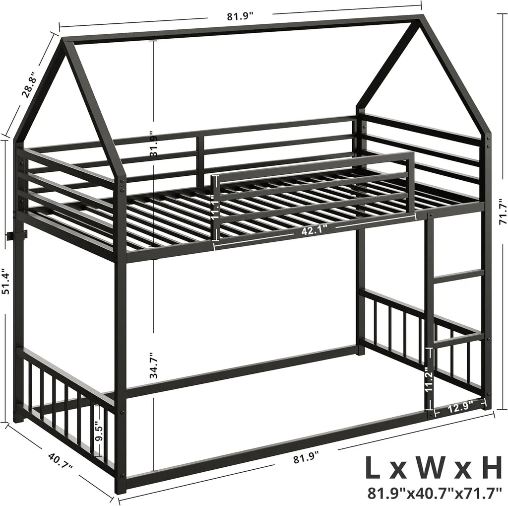 LIKIMIO Bunk Bed Twin XL / Twin, Metal Bunk Bed Frame with Ladder and Guardrail, House Shaped with Metal Slats for Dormitory