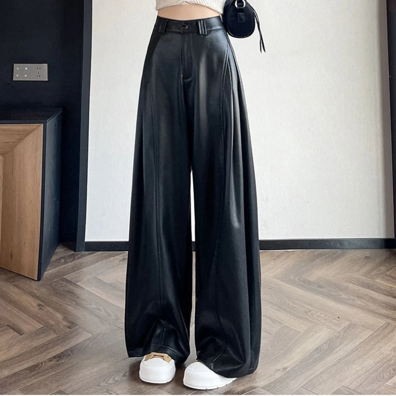 New Autumn Winter High Waist Vintage Coffee PU Leather Wide Leg Pants Button Straight Casual Loose Full Length Trousers Female