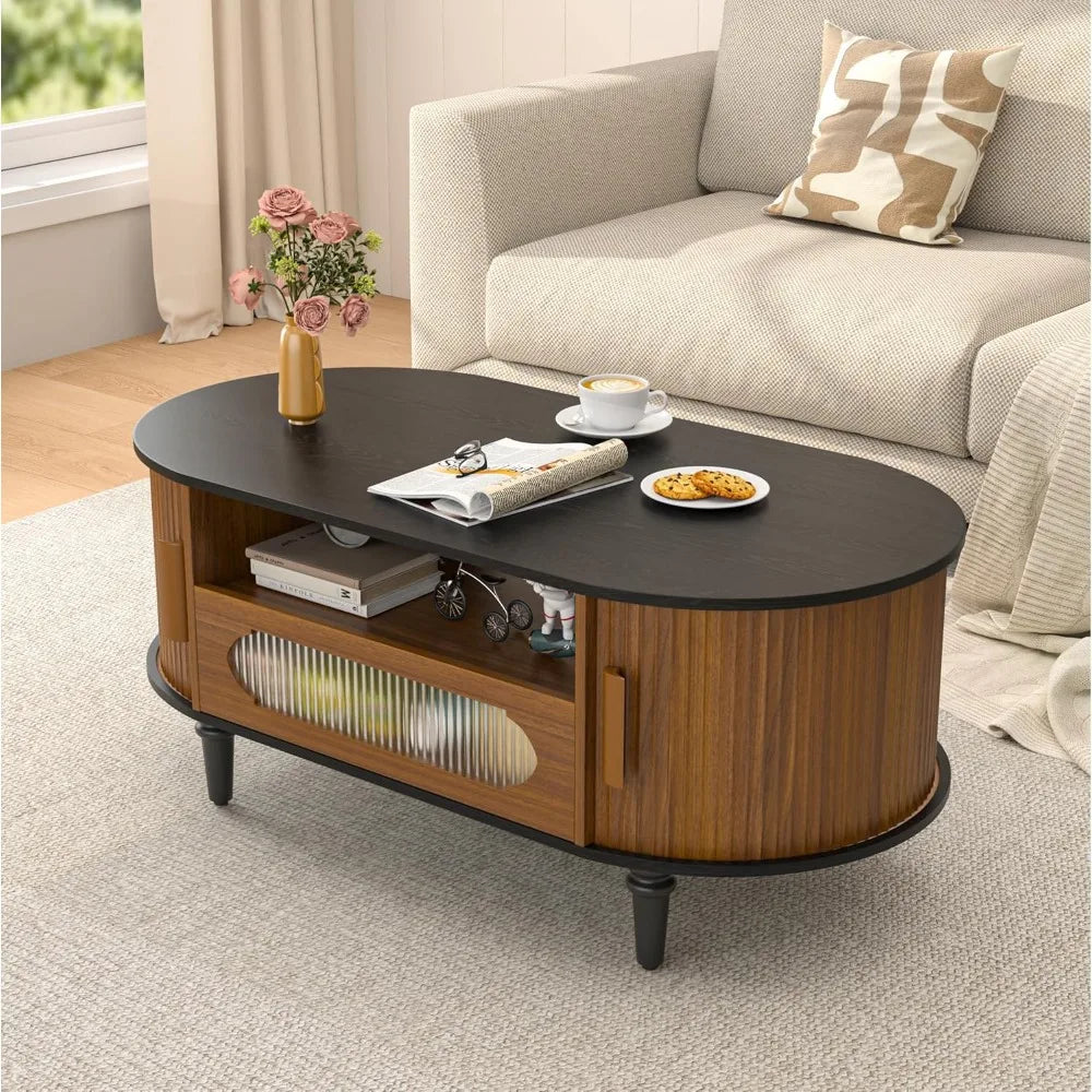 Fluted Round Coffee Table with Storage, Modern Oval Coffee Table with Drawer, Sliding Door, Low Small Center Tables for Living R