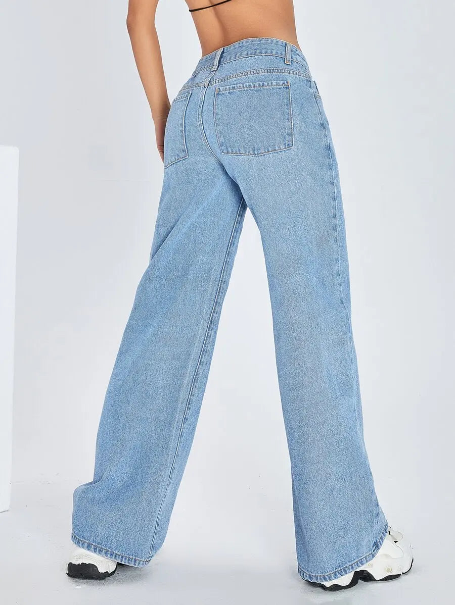 Solid Color Pocket Casual Versatile Wide-Leg Jeans