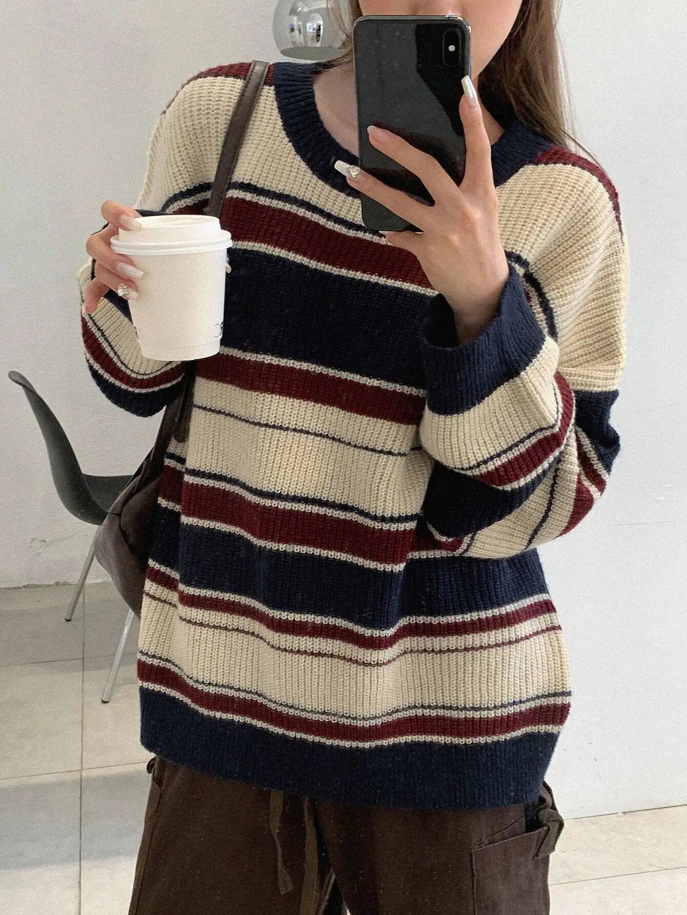 Autumn/Winter Striped Oversized Crew Neck Long Sleeve Casual Sweater,Long Sleeve Tops,Fall Women Clothes