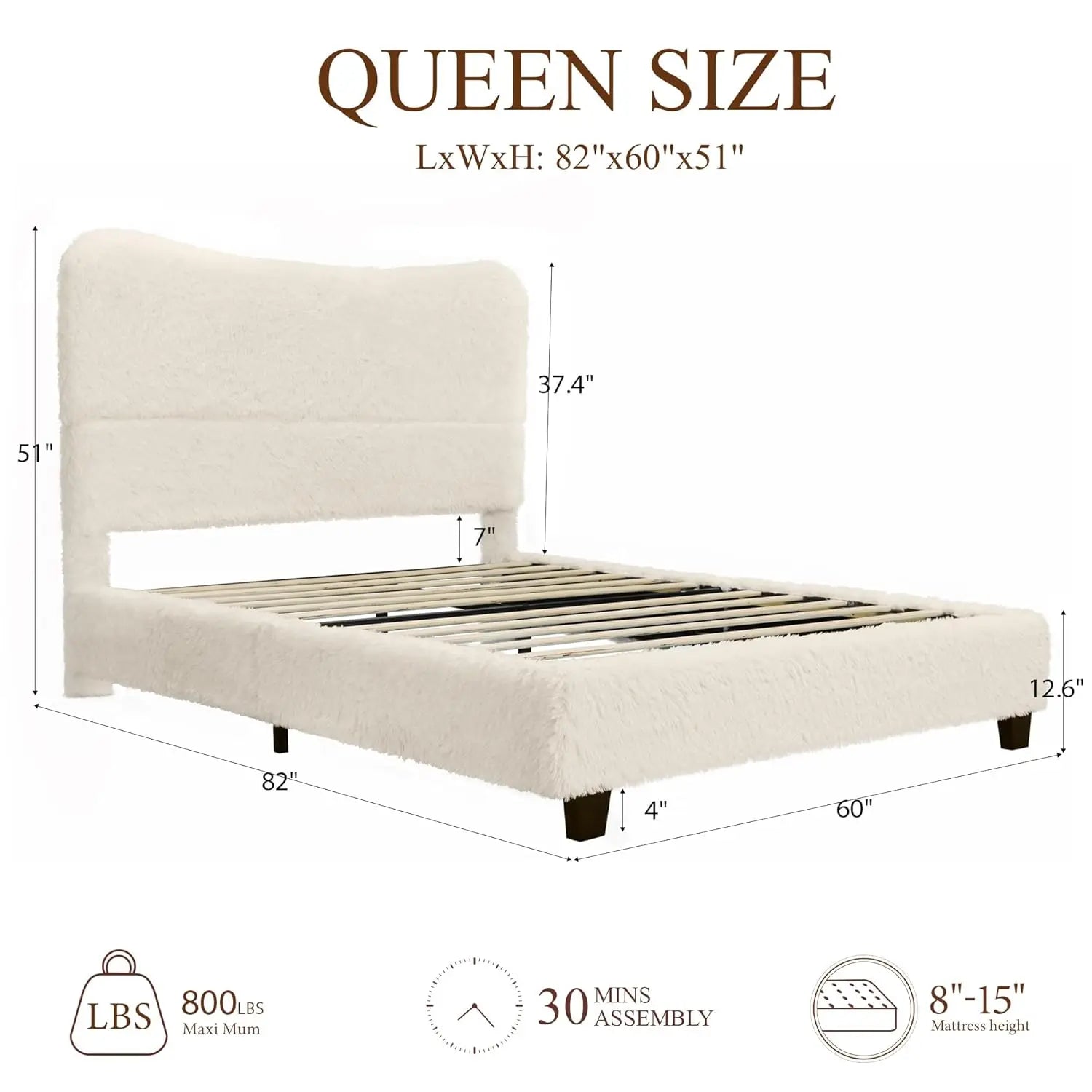 Queen Bed Frame With Headboard, Boho Fluffy Boucle Cloud Upholstered Platform Bed With Soft Rounded Corners And Wooden Slats, No