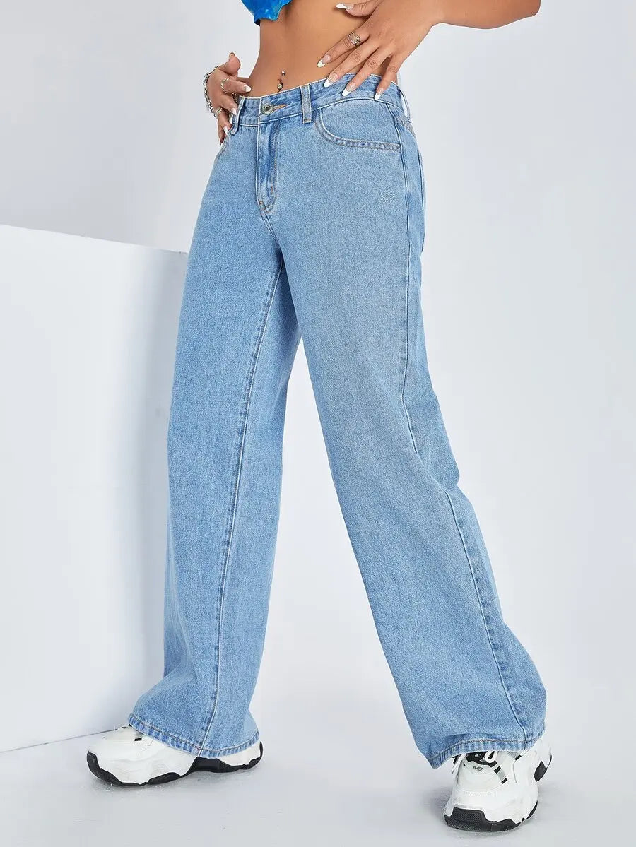 Solid Color Pocket Casual Versatile Wide-Leg Jeans