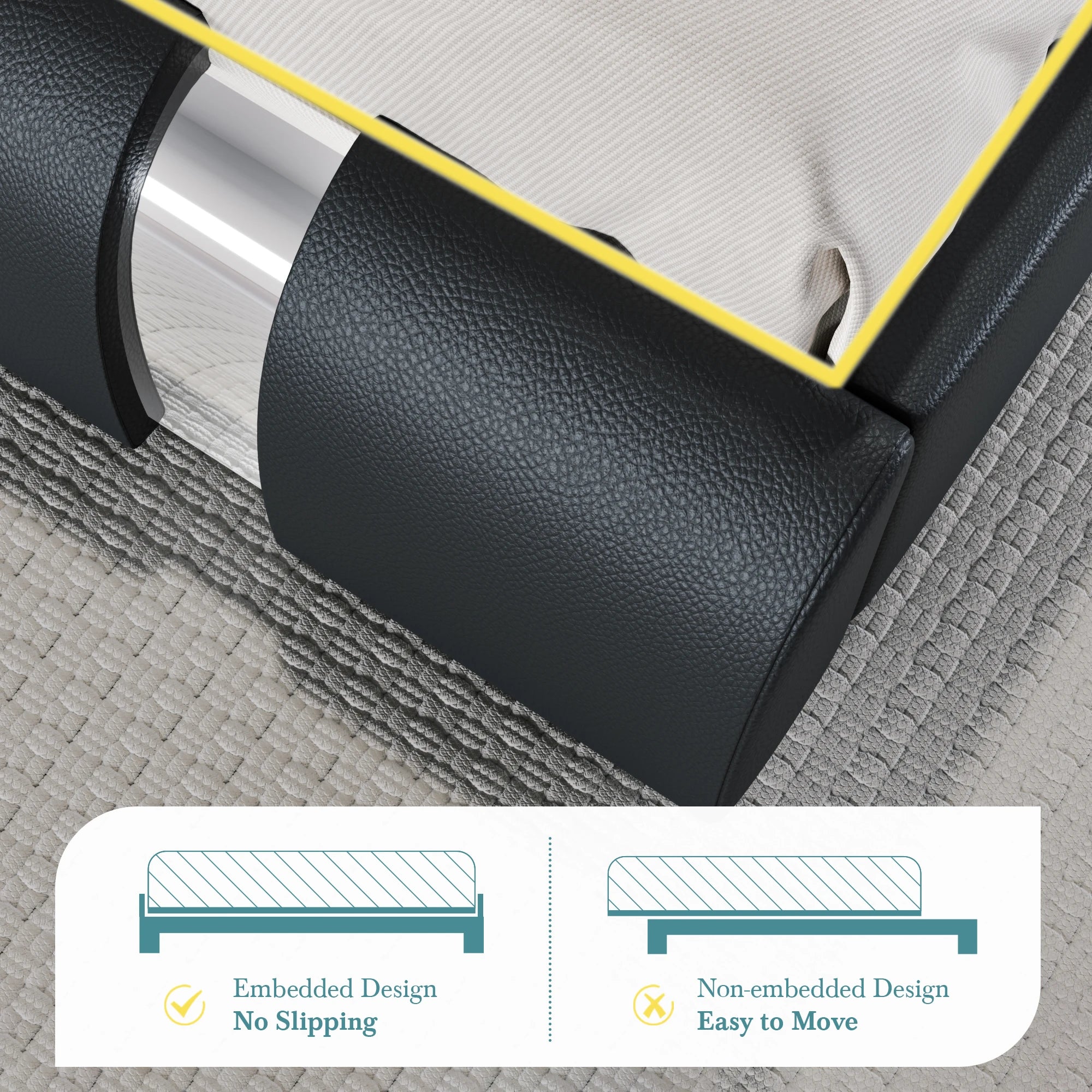 HOOMIC Modern Faux Leather Bed Frame with Iron Pieces Decor, Low Profile Platform Bed with Height-Adjustable Headboard