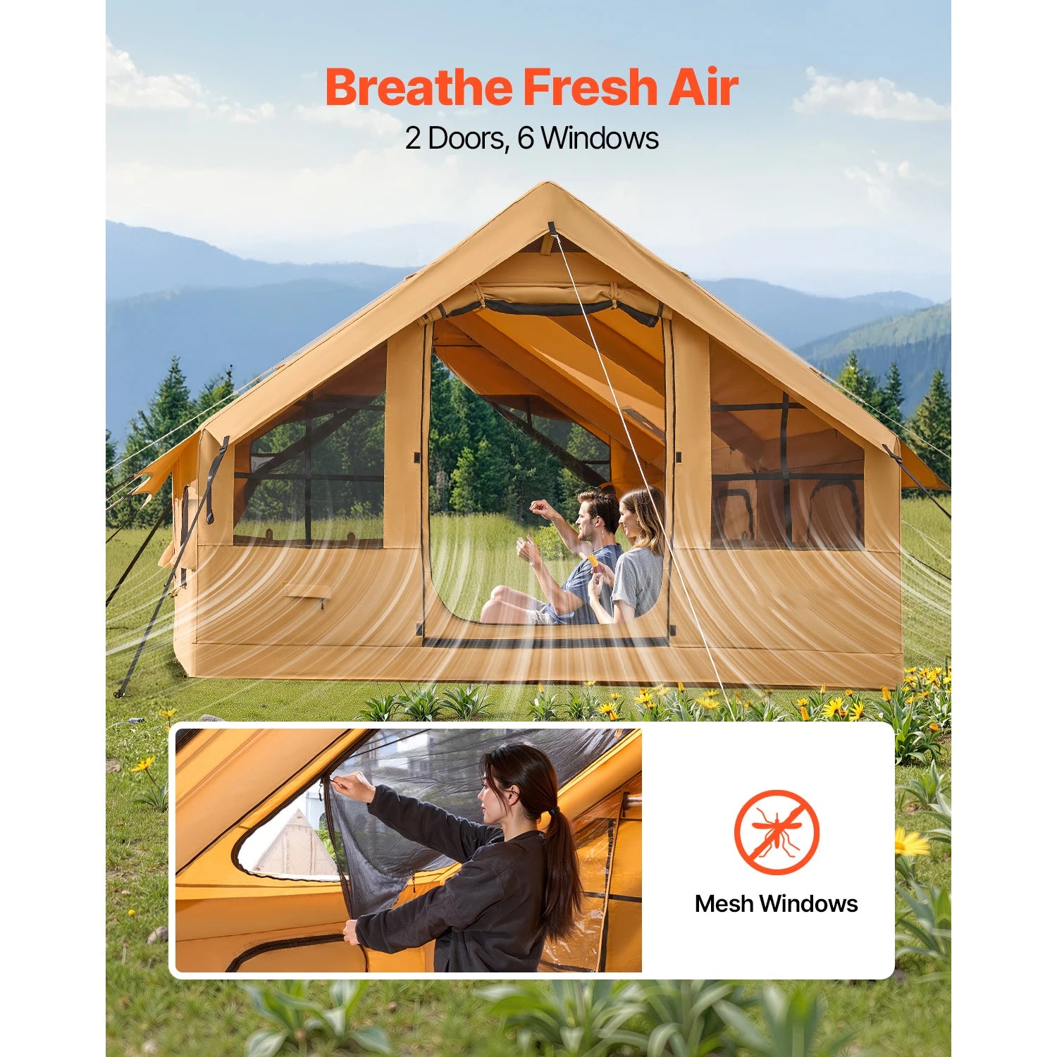 VEVOR Inflatable Tents for Camping Easy Setup Blow up Tent with Hand Pump Glamping Tent with Skylight Stove Jack & Mesh Windows