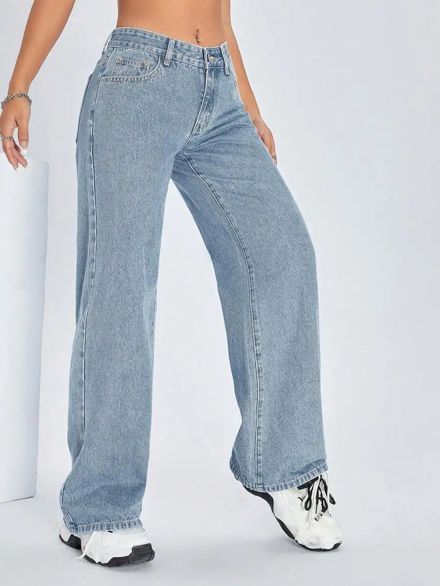 Solid Color Pocket Casual Versatile Wide-Leg Jeans
