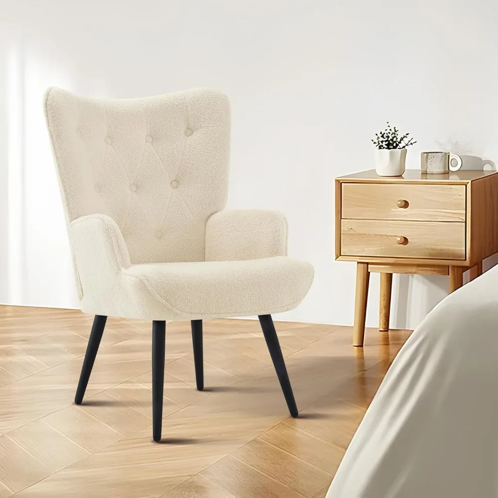 White Faux Fur Accent Chair - Mid Century Modern Living Room Furniture, Comfortable Armchair for Leisure and Vanity, Guest Wingb