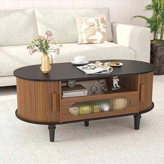 Fluted Round Coffee Table with Storage, Modern Oval Coffee Table with Drawer, Sliding Door, Low Small Center Tables for Living R
