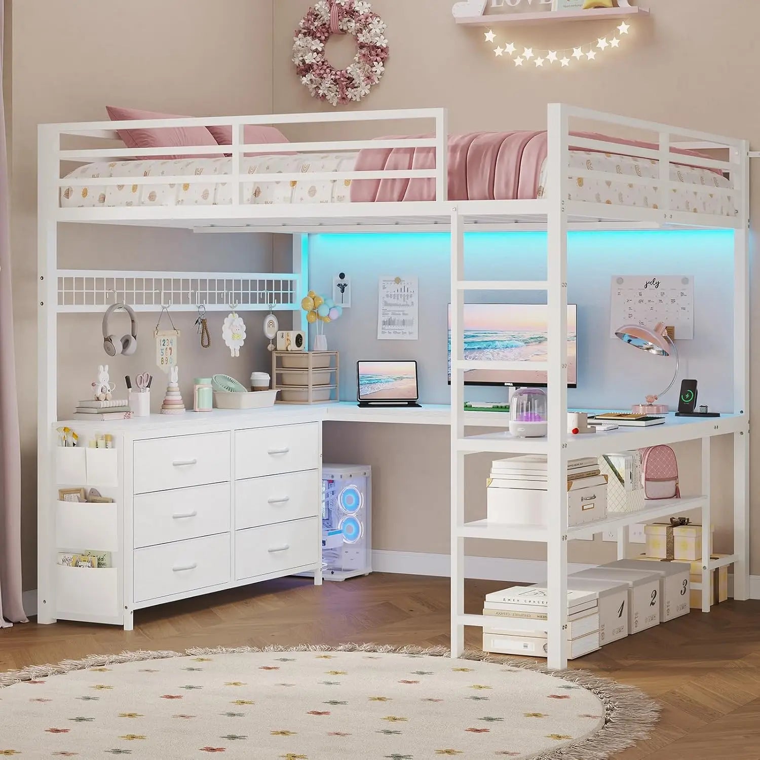 Loft Bed Full Size with U-Shaped Desk, 6 Storage Drawers, Power Outlet, LED Metal Loft Bed with 2 Storage Shelves,White