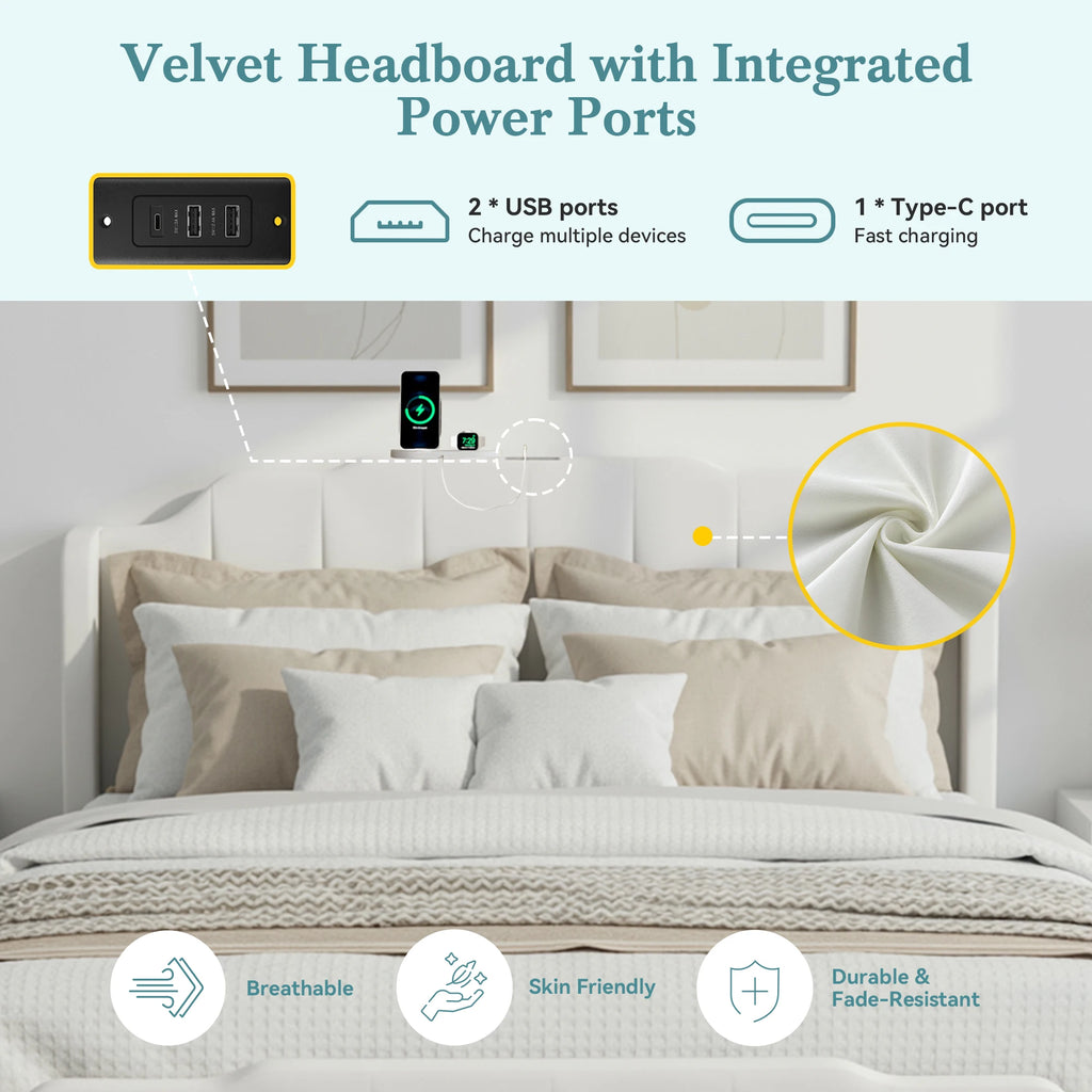 HOOMIC Full/Queen Size Velvet Platform Bed Frame with Curved Vertical Tufted Wingback Headboard and Footboard, Charging Station