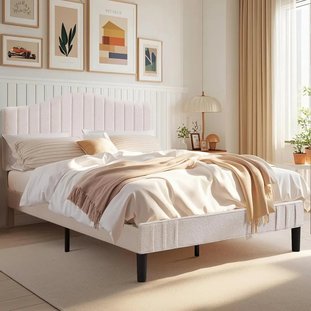 VECELO Queen Size Bed Frame Upholstered Platform Beds with Height-Adjustable Teddy Fabric Headboard, Strong Wood Slats 7.9'' Und