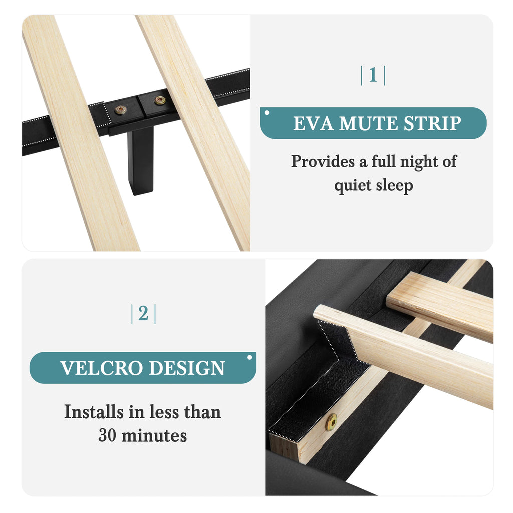 HOOMIC Modern Faux Leather Bed Frame with Iron Pieces Decor, Low Profile Platform Bed with Height-Adjustable Headboard