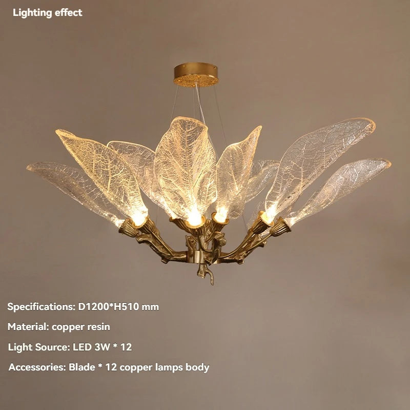 Luxury Villa Copper Branch Chandelier Dining Room Living Room Lobby Designer Art Resin Leaf Pendant Lamp Chandelier High Ceiling