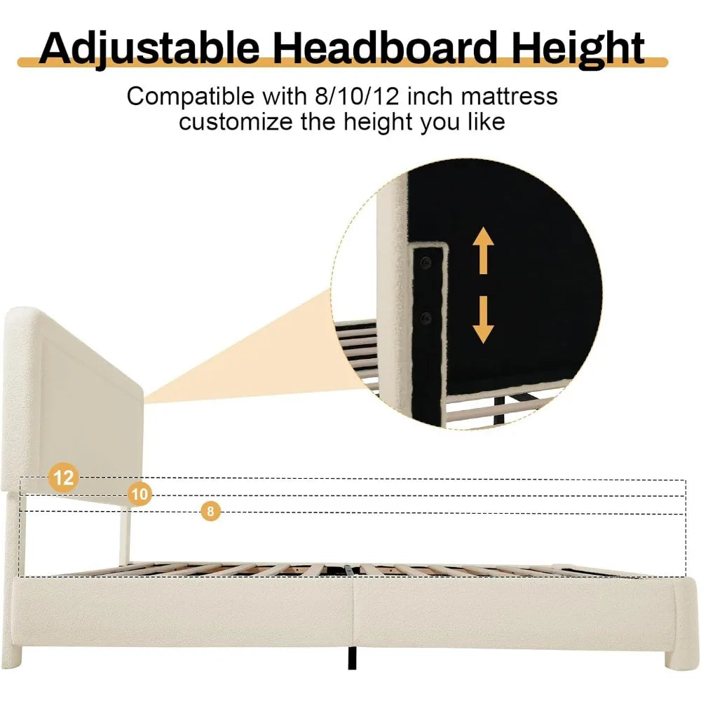 Full Size Boucle Bed Frame, Upholstered Cloud Bed Frame with Headboard, Soft Rounded Corners, No Box Spring Required, Adjustable