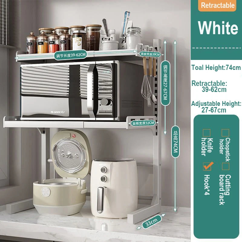 Kitchen Retractable Microwave Oven Storage Rack Household Countertop Cooker Oragnizer Cabinets Adjustable Seasoning Rack Shelf
