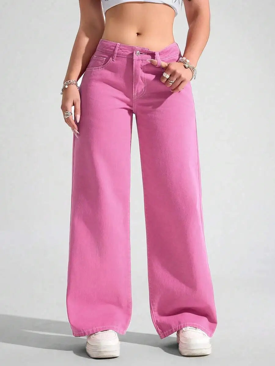 Solid Color Pocket Casual Versatile Wide-Leg Jeans