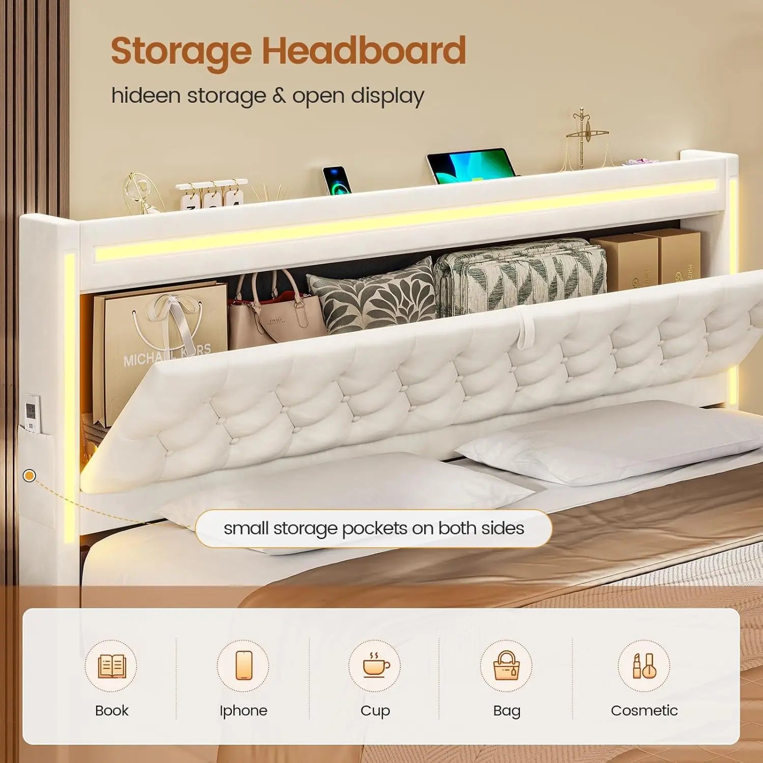 Upholstered LED Bed Frame with 5 Drawers, Velvet Hidden Storage Headboard with Charging Station, Button Tufted