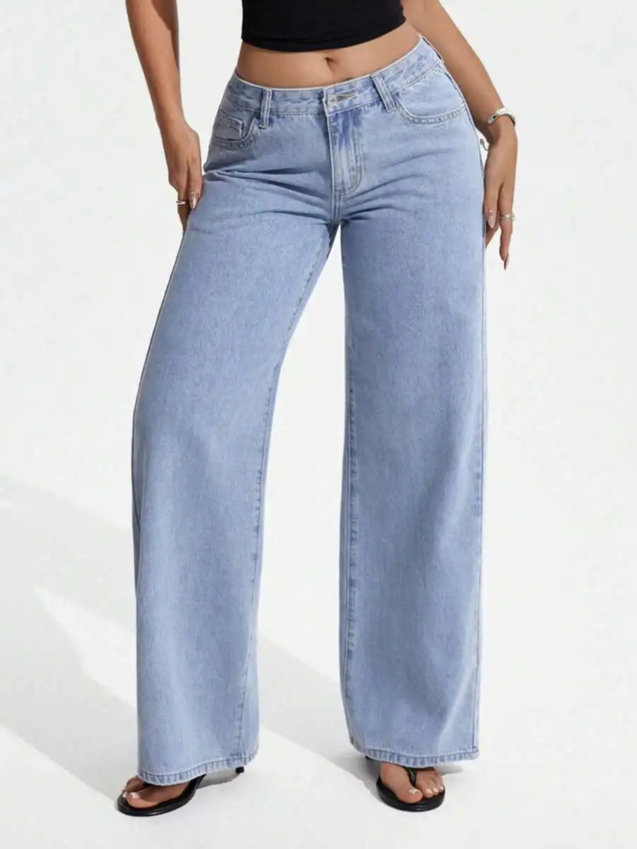 Solid Color Pocket Casual Versatile Wide-Leg Jeans