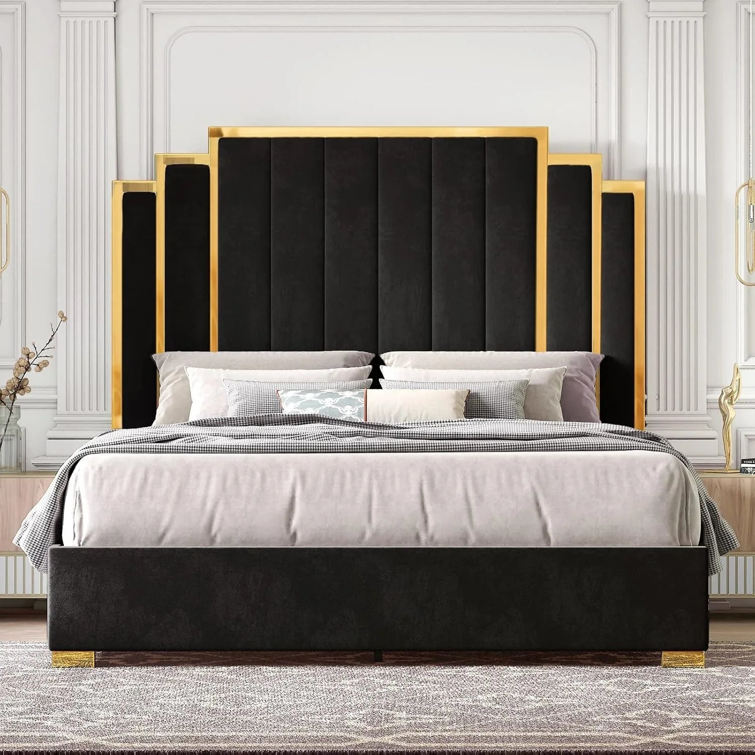 King Size Bed Frame and 65" Headboard, Upholstered Bed with Golden Plating Trim, Modern Platform Bed No Box Spring Needed, Black