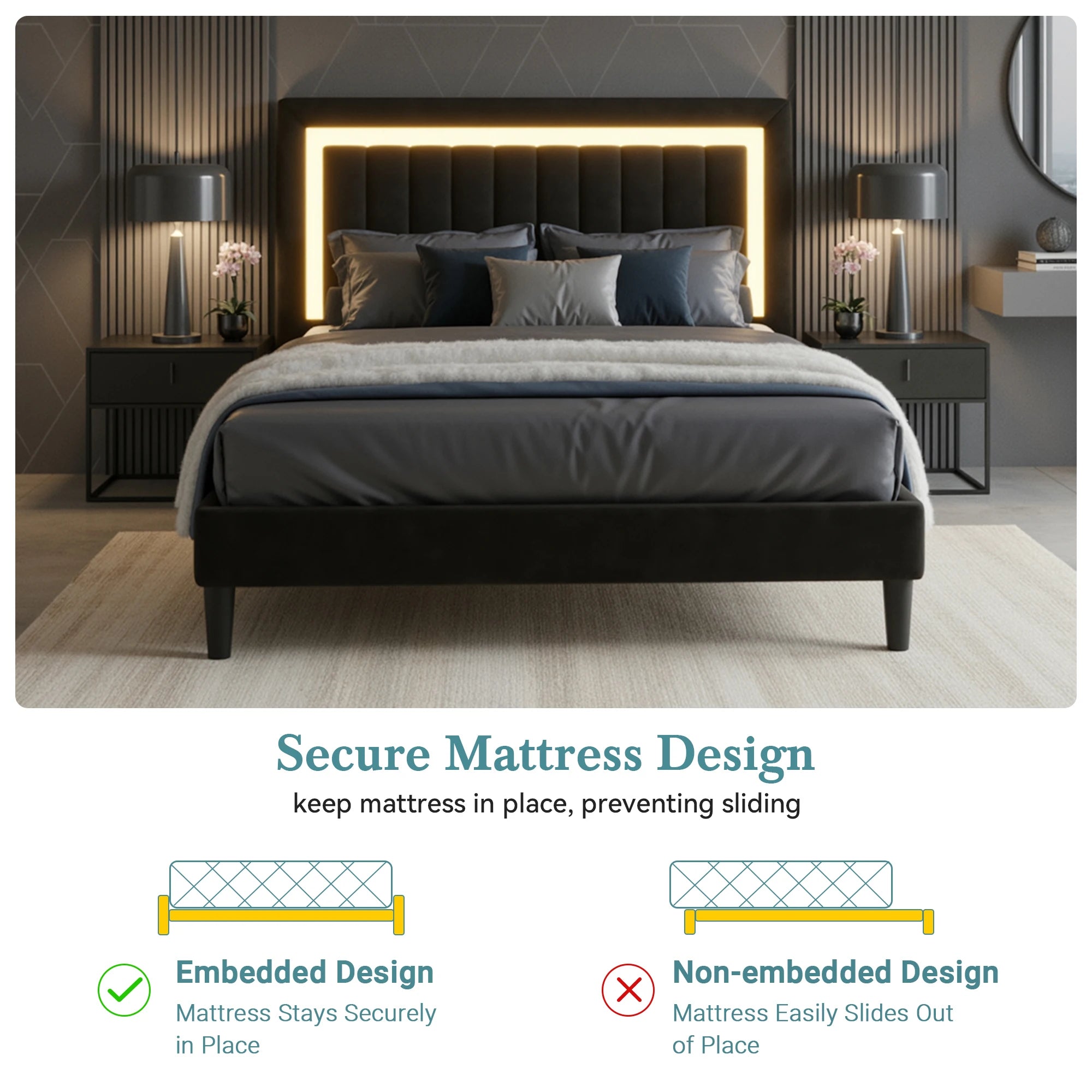 HOOMIC Full/Queen/King Velvet Platform Bed Frame with RGB LED Headboard, Strong Slat Support, Quiet Design, No Box Spring Needed