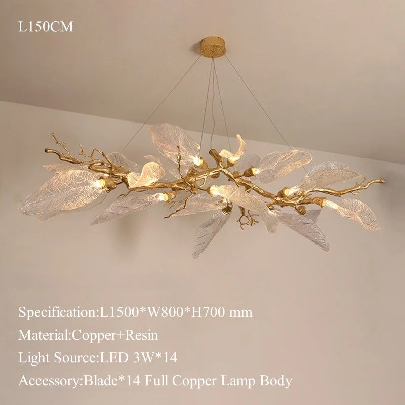 Luxury Villa Copper Branch Chandelier Dining Room Living Room Lobby Designer Art Resin Leaf Pendant Lamp Chandelier High Ceiling