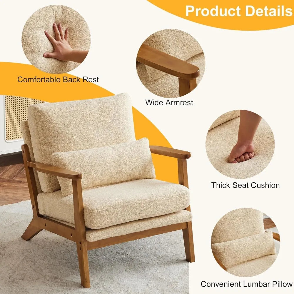 Accent Chair Wide Armrest Mid-Century Lounge Chair Teddy Fleece Armchair with Lumbar Pillow & Solid Wood Frame for ,Customized