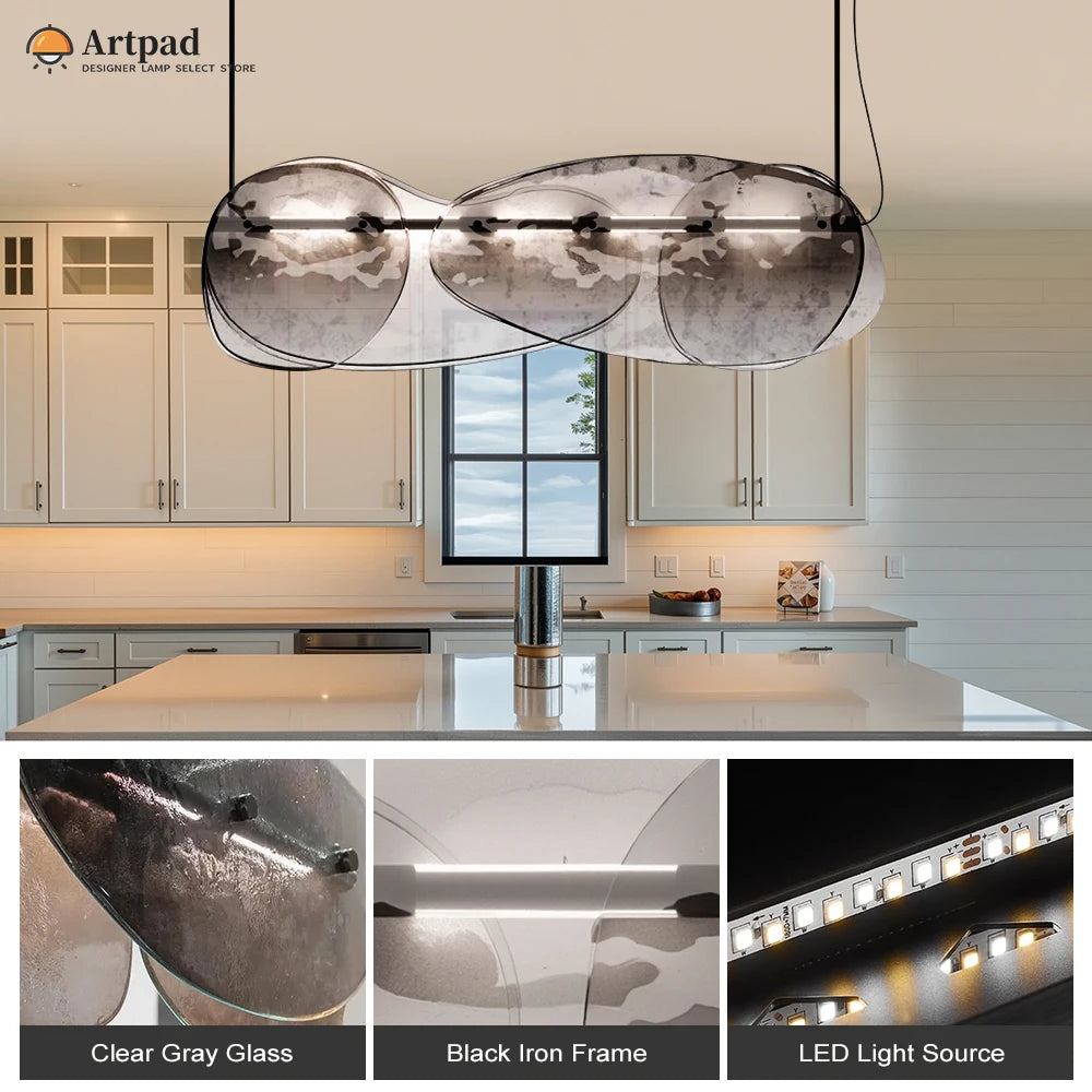 ltalian Modern Hanging Lamp For Dining room Kitchen Table Island Layered Clear Gray Glass Pendant Light Long LED Chandelier