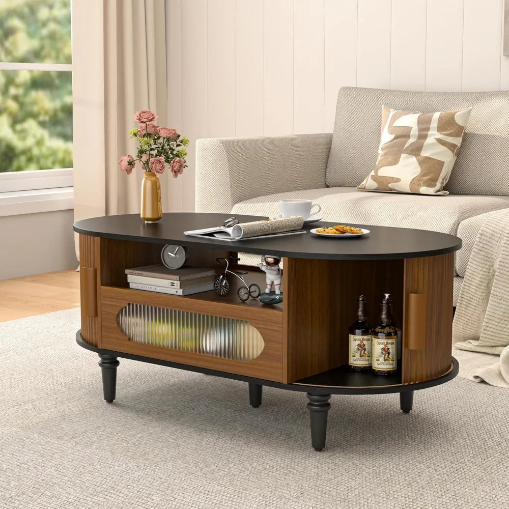 Fluted Round Coffee Table with Storage, Modern Oval Coffee Table with Drawer, Sliding Door, Low Small Center Tables for Living R