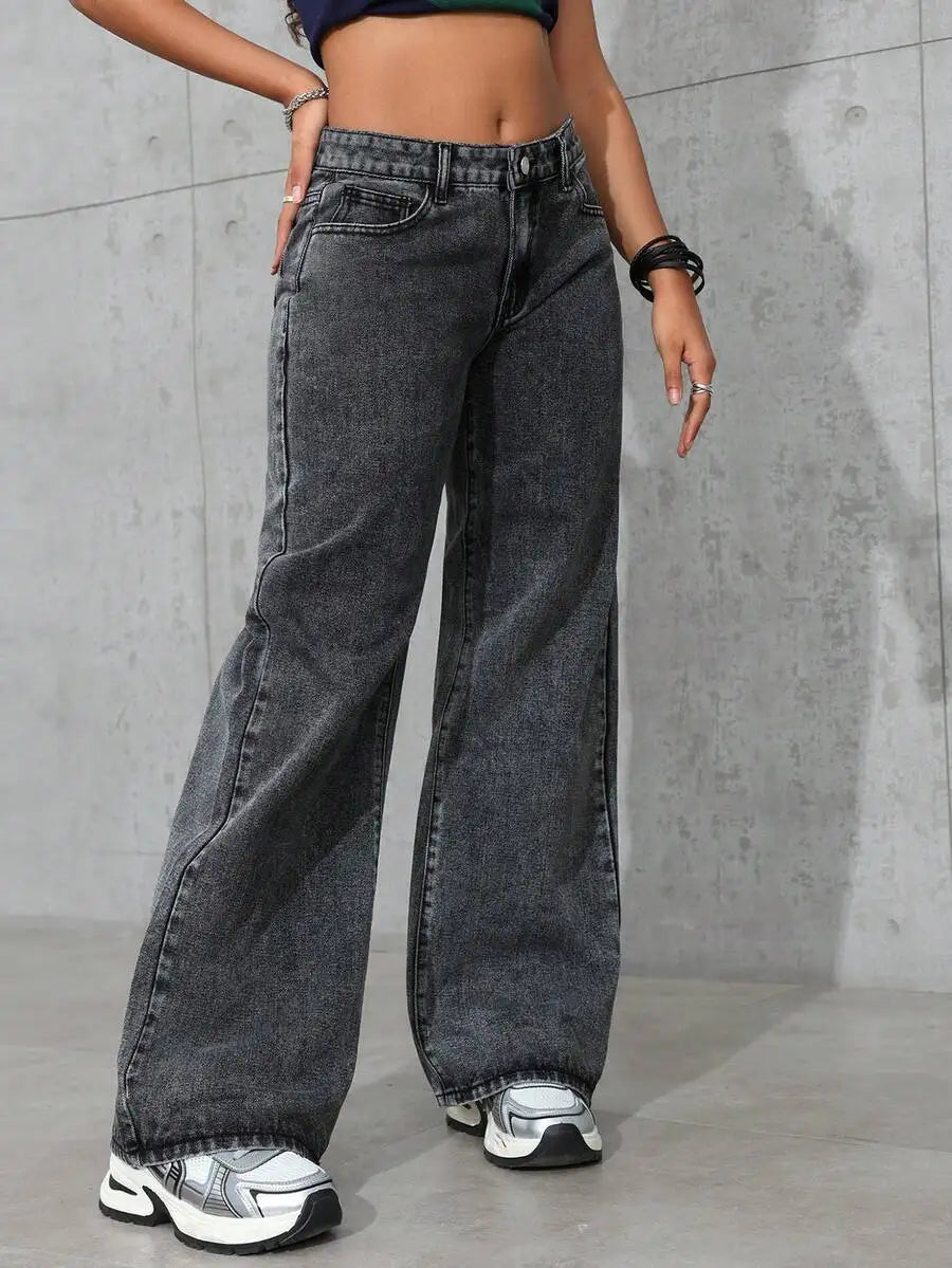 Solid Color Pocket Casual Versatile Wide-Leg Jeans
