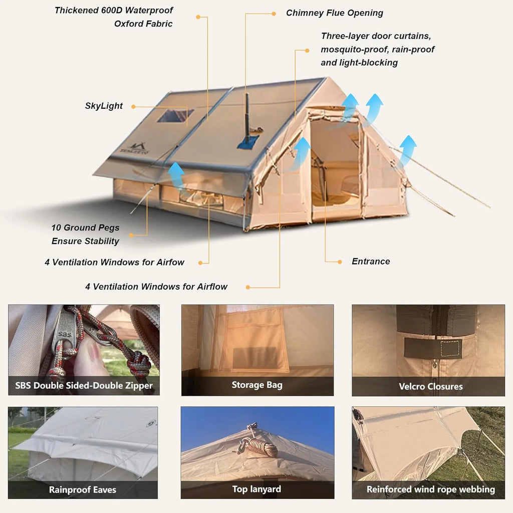 13' x 10' Inflatable Camping Tent for 8-10 Person,4 Season Blow up Tents Waterproof, Air Tent with Stove Jack AC Port
