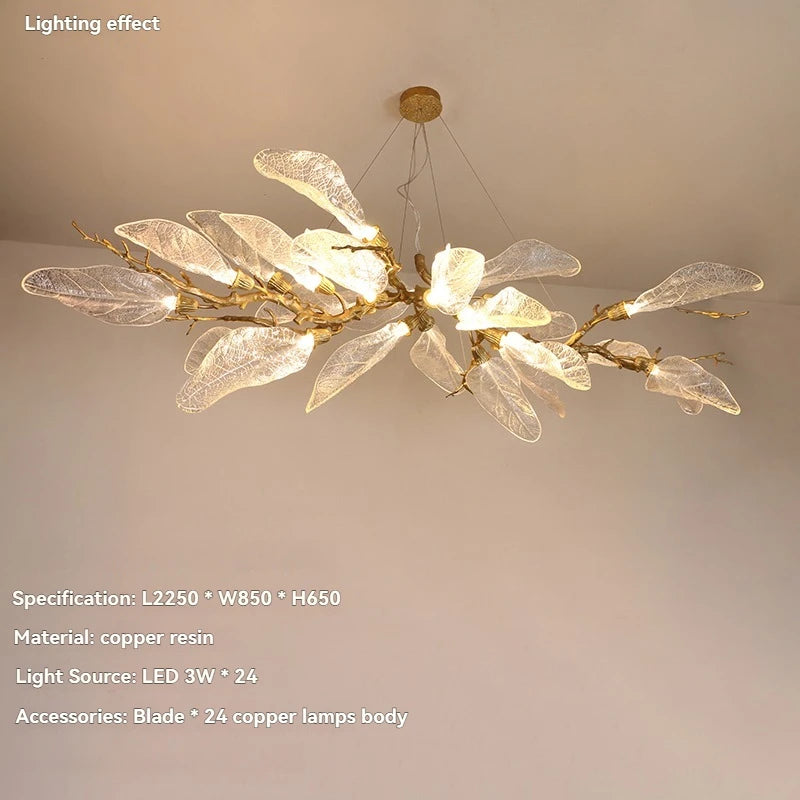 Luxury Villa Copper Branch Chandelier Dining Room Living Room Lobby Designer Art Resin Leaf Pendant Lamp Chandelier High Ceiling