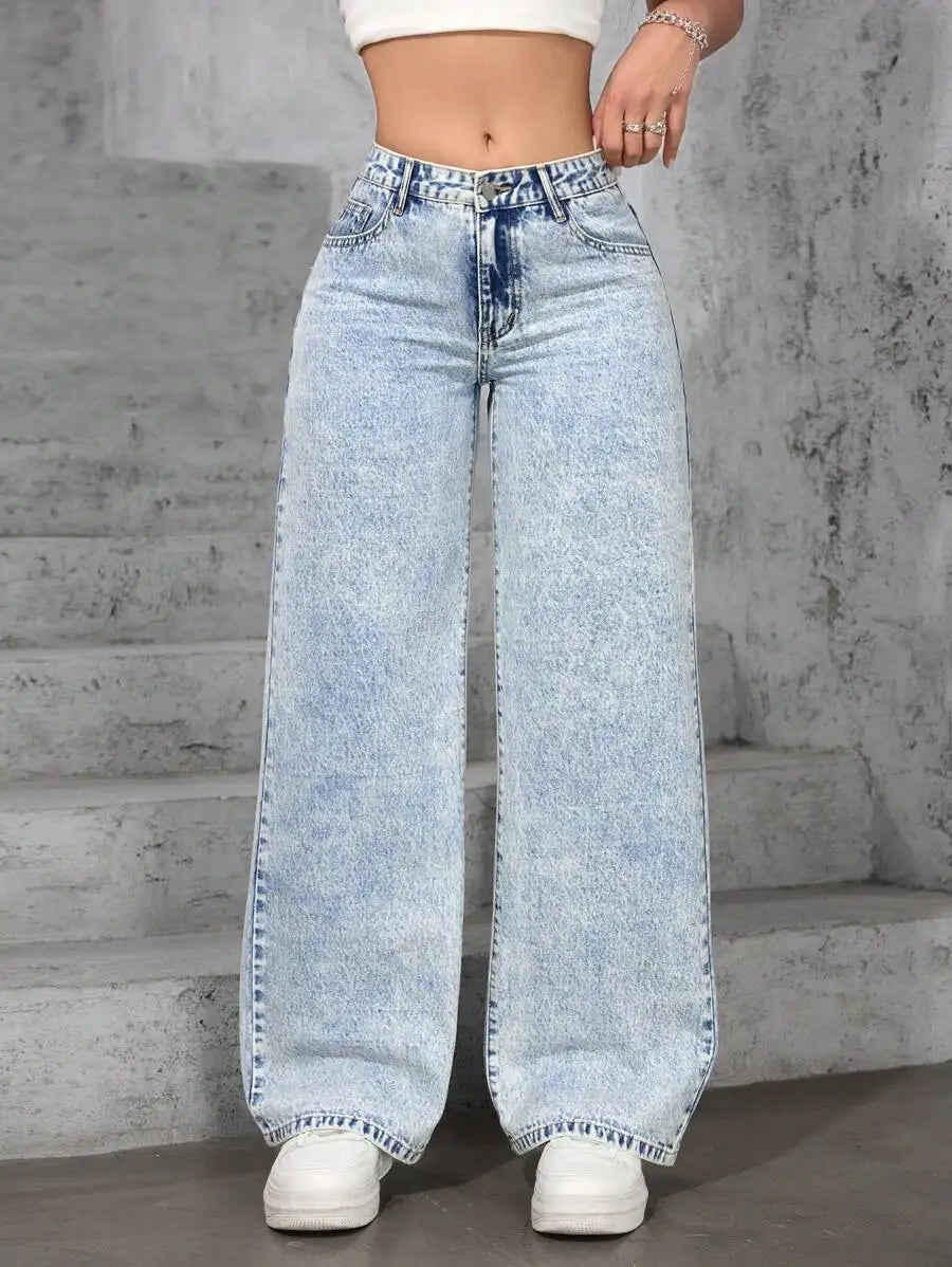 Solid Color Pocket Casual Versatile Wide-Leg Jeans