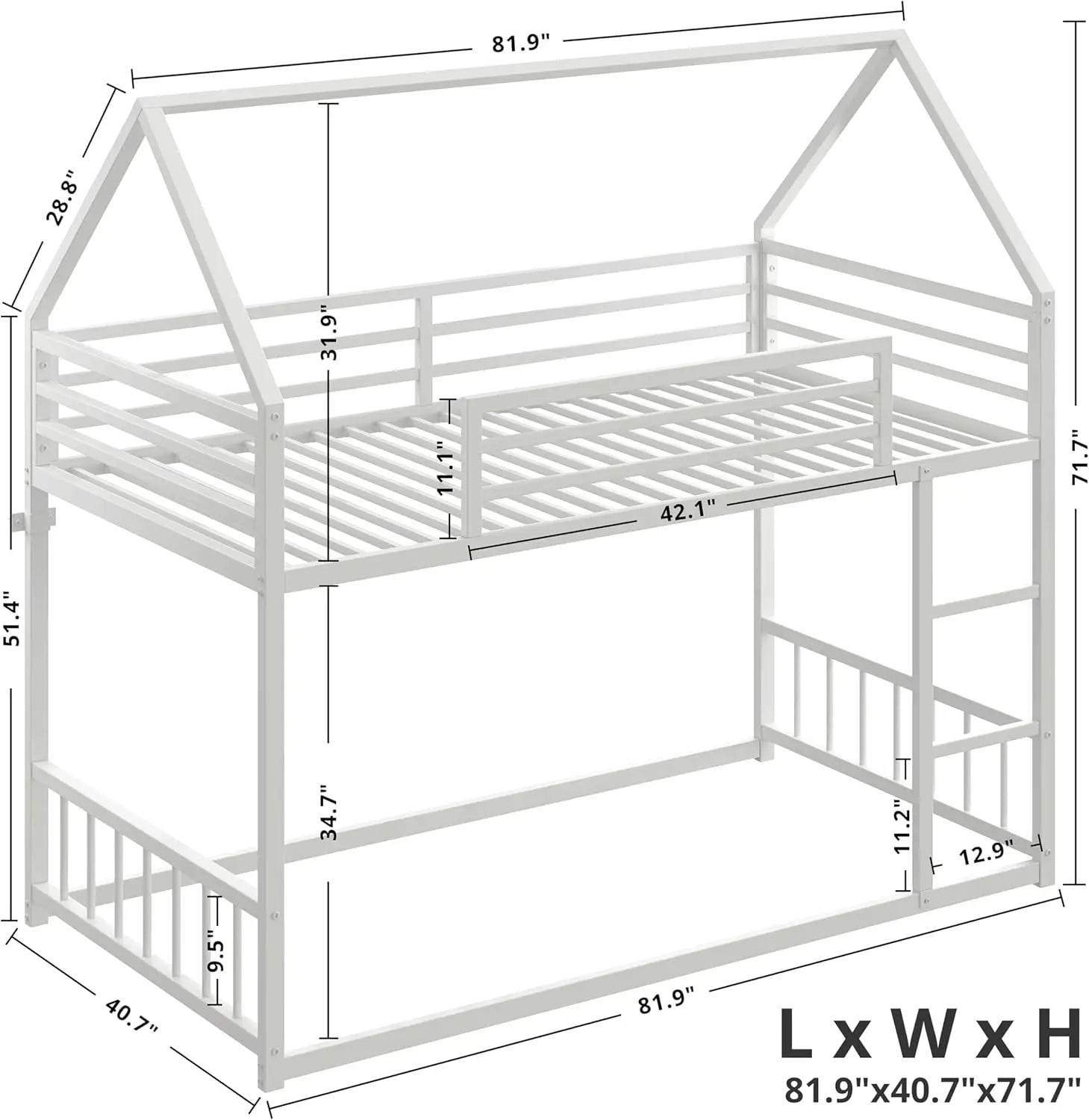 LIKIMIO Bunk Bed Twin XL / Twin, Metal Bunk Bed Frame with Ladder and Guardrail, House Shaped with Metal Slats for Dormitory