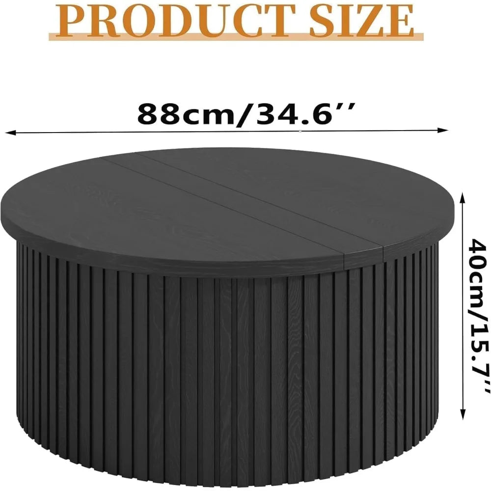 Contemporary 31.6 Inch Lift Top Coffee Table with Concealed Storage, Circular Wooden Fluted Center Table for Living Spaces