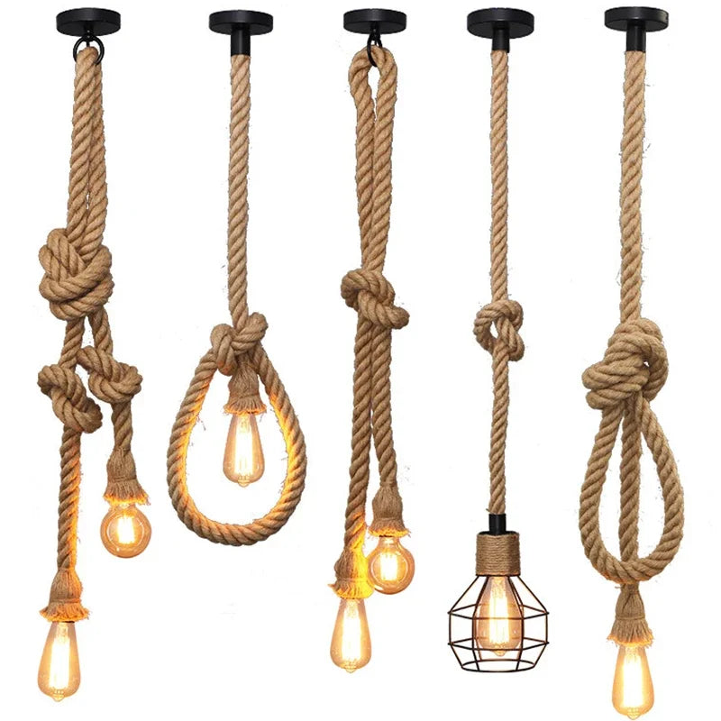 Vintage 1/2/3/4/5m long Hemp Rope Retro Loft Single Head Double Heads Industrial light Hanging Lamp Pendant Light Edison Lamp