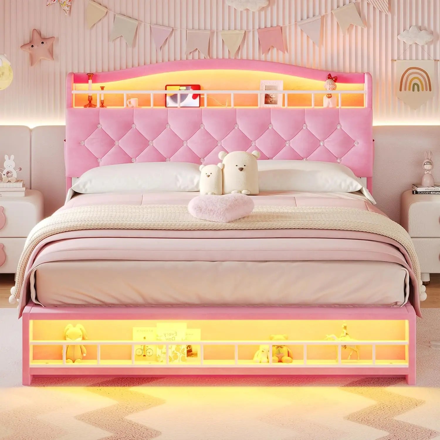 Queen Szie Girls Bed with LED Lights & Charging Station, Princess Queen Size Bed Frame with Hidden Storage Headborad