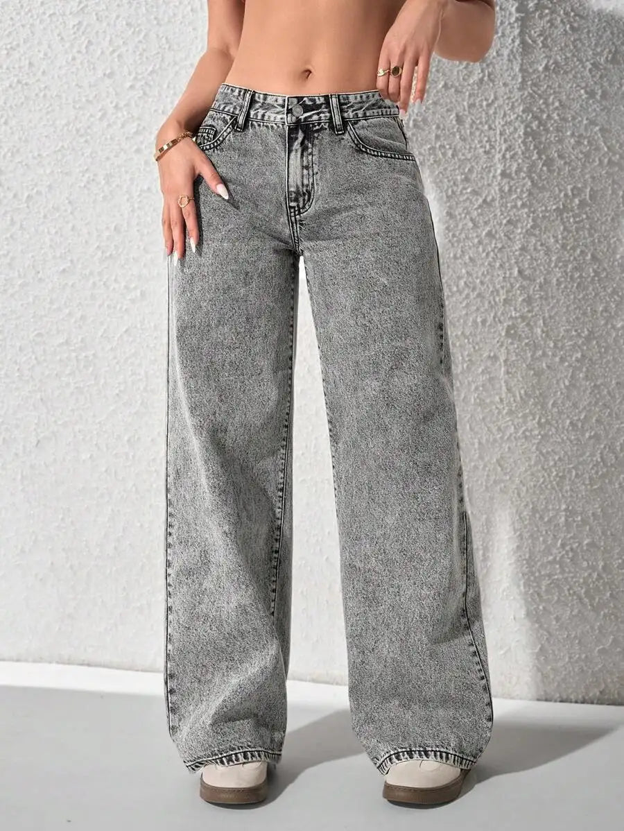 Solid Color Pocket Casual Versatile Wide-Leg Jeans