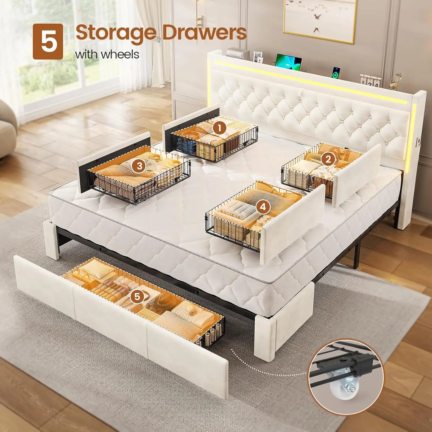 Upholstered LED Bed Frame with 5 Drawers, Velvet Hidden Storage Headboard with Charging Station, Button Tufted