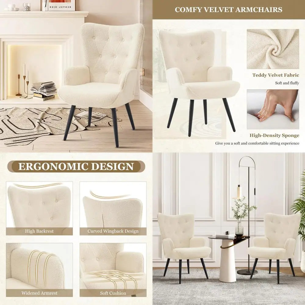 White Faux Fur Accent Chair - Mid Century Modern Living Room Furniture, Comfortable Armchair for Leisure and Vanity, Guest Wingb